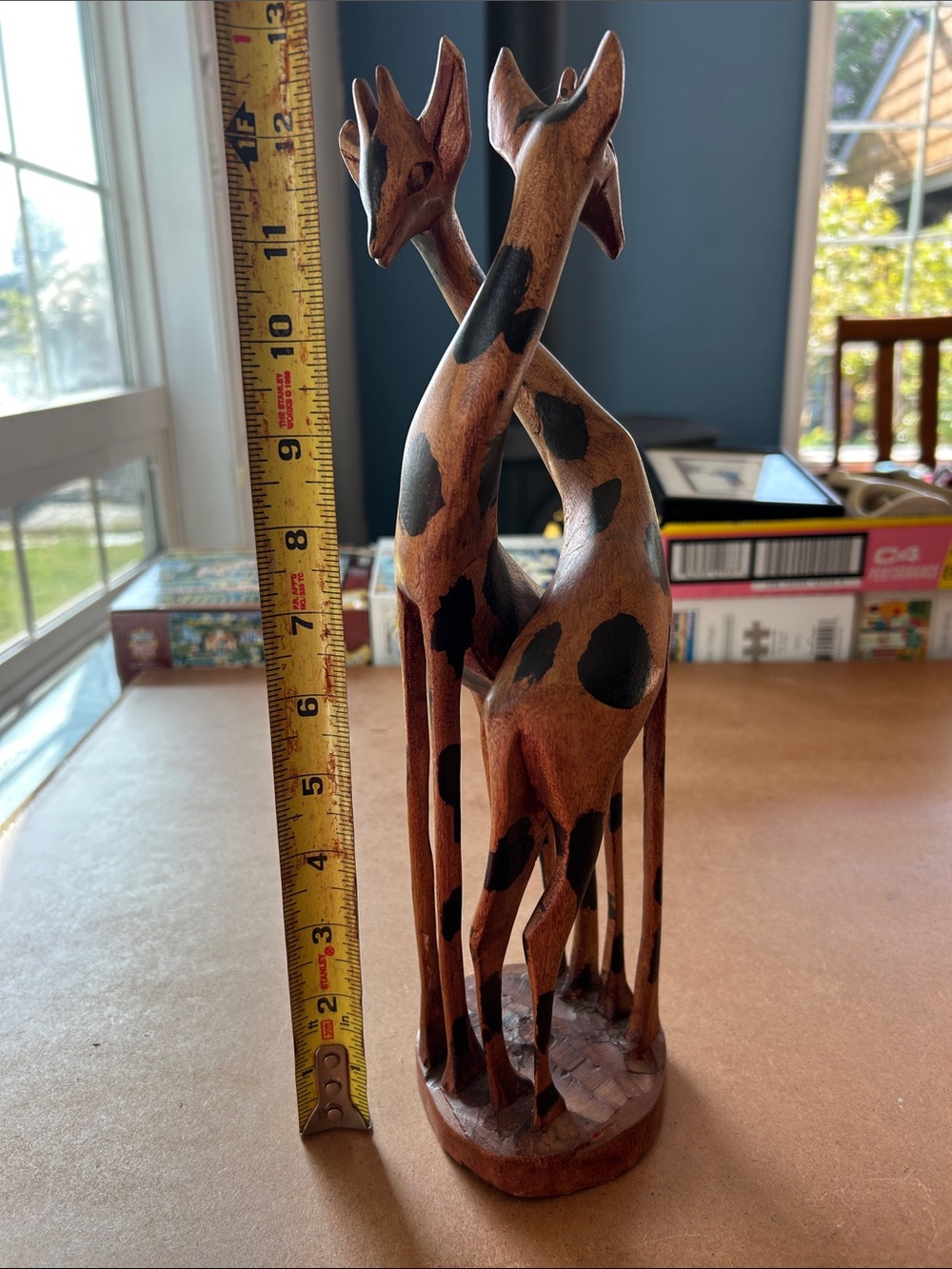 Hand-Carved Brown Wooden Giraffe Pair Sculpture - Decorative Home Art